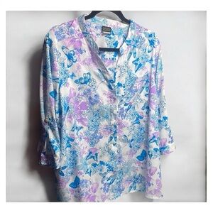 Salon Studio Blue and Pink Buttoned Blouse with Mandarin XX